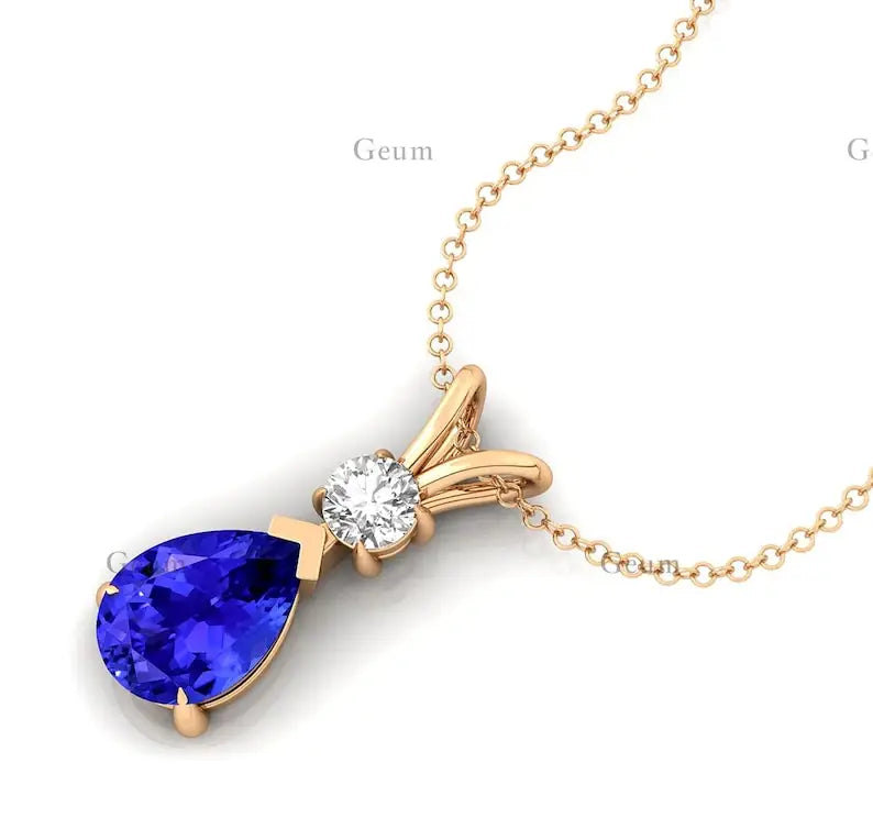 Beautiful Pear Shape Natural Tanzanite Gemstone Pendant Handmade Luxury Fine Jewelry With Small Diamond 14k Solid Gold