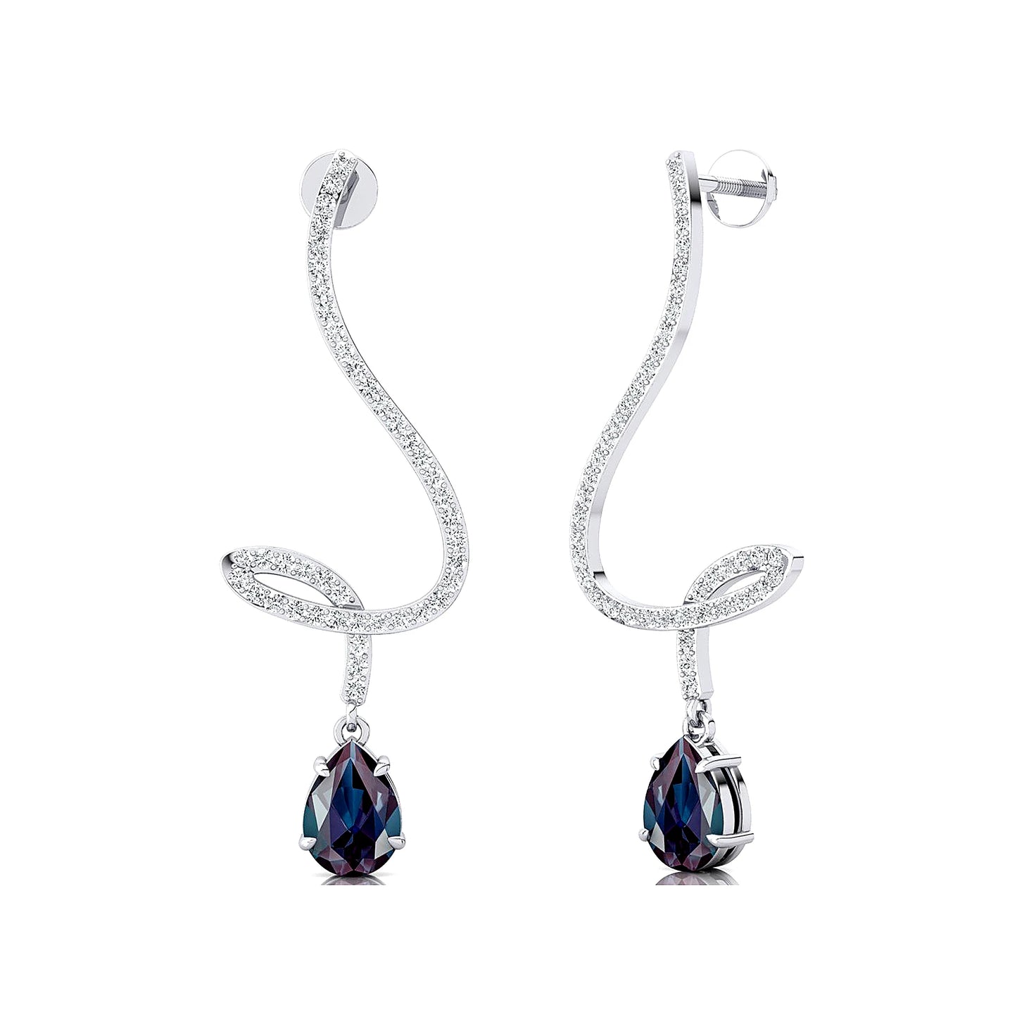Spiral Diamonds Long Dangling Drop Earrings 18K Solid Gold Pear Cut Lab Grown Alexandrite Gemstone Wedding Earrings Gift For Her