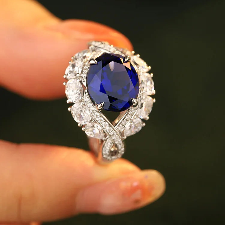 Gemfiori Anster Oval Cut Lab Made Diamonds and Ring S925 Sterling Silver Lab Created Blue Sapphire Women Ring