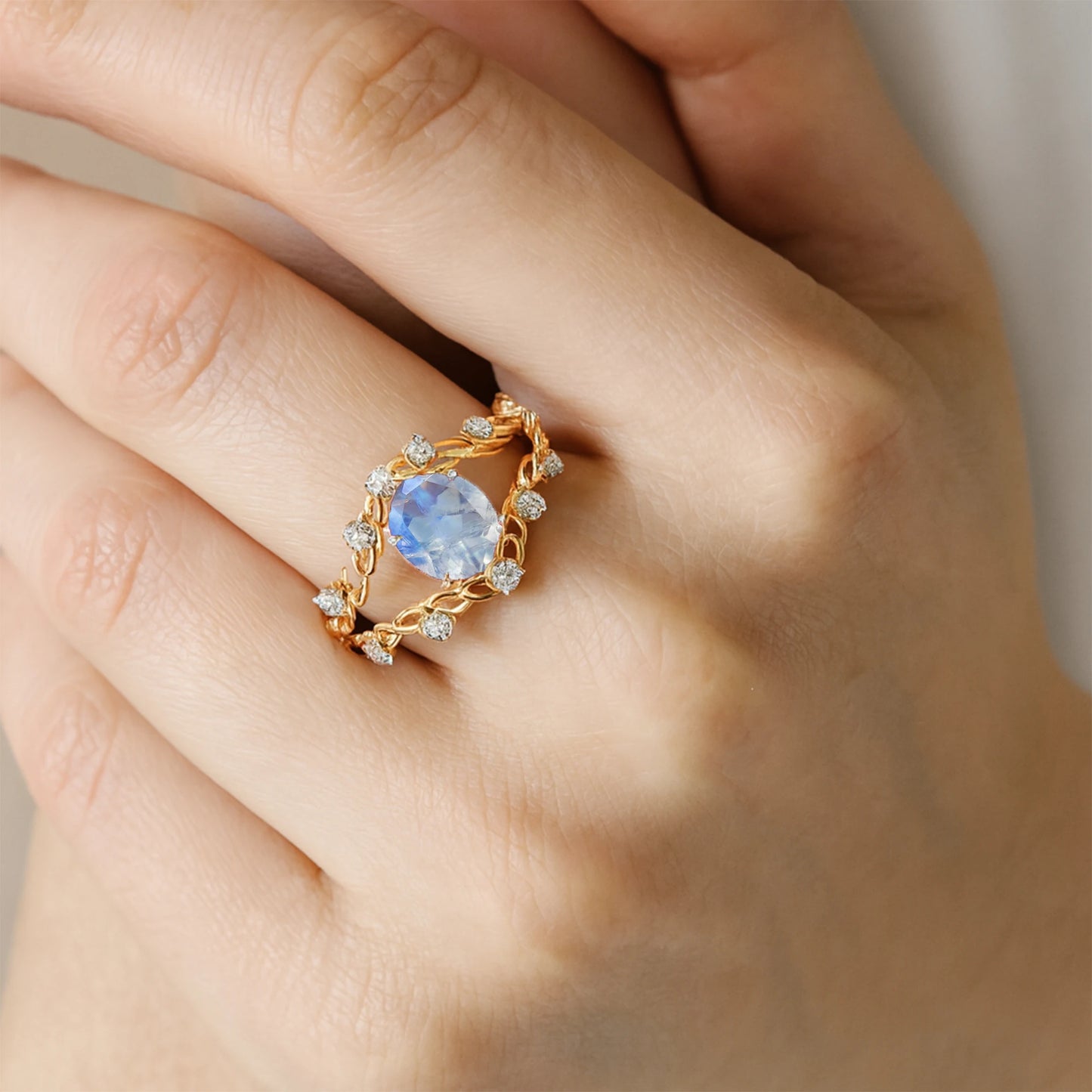 Natural Rainbow Moonstone Oval Faceted Cut Gemstone Wedding Ring 14k Pure Gold Adorned Natural Diamonds Luxurious Gift for Her