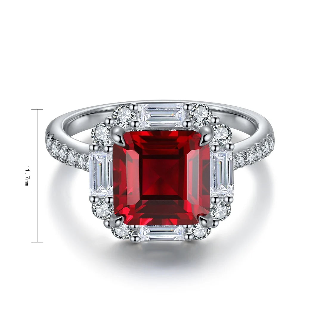 Gemfiori Anster Lab Created Ruby Women Ring Asscher Cut S925 Sterling Silver Lab Made Diamonds and Ring