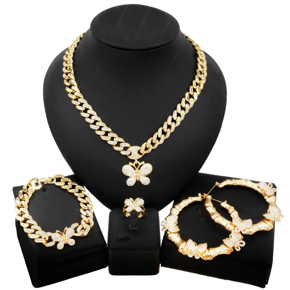Zhuerrui Butterfly Women's Cuban Chain Bridal Jewelry Sets Famous Brands Hip Hop Style 18 Carat Gold Bridal XO Jewelry Set Z0029