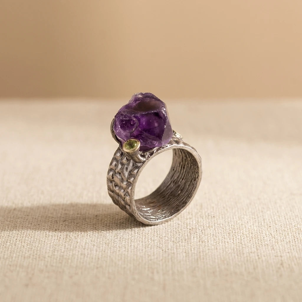 Handmade Big Amethyst Rough Stone 925 Sterling Silver Ring