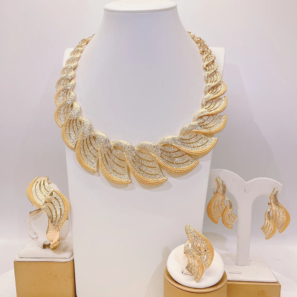 Zhuerrui Italian Gold Plated Jewelry Set Hollow Fan Streamline Necklace Earrings Bracelet Ring Women Ceremony Accessory I0003820