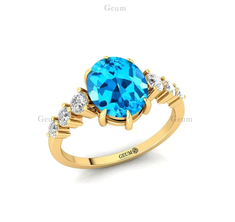 Charming 18K Pure Gold Wedding Engagement Rings Swiss Blue Topaz Gemstone Real Diamonds Classic Bridal Jewelry for Party