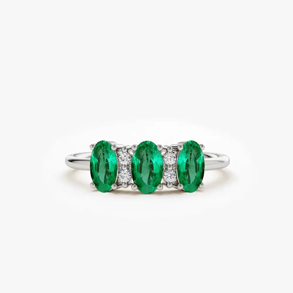 Oval Cut Triple Natural Emerald Stone & Round Cut Diamond Ring 14k Pure Gold Beautiful Engagement Wedding Rings Fine Jewelry RTS