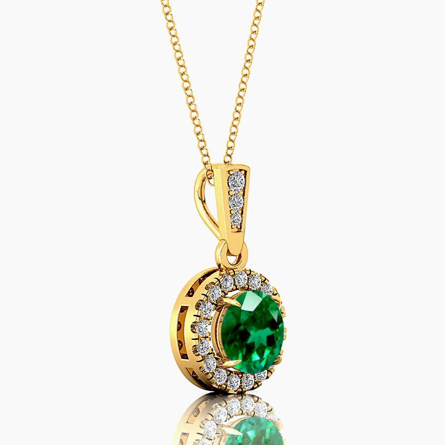 Halo Solitaire Charm Pendant Necklace Lab Grown Emerald Gemstone Genuine White Diamonds Cute Style Rhodium Plated Certified Gold