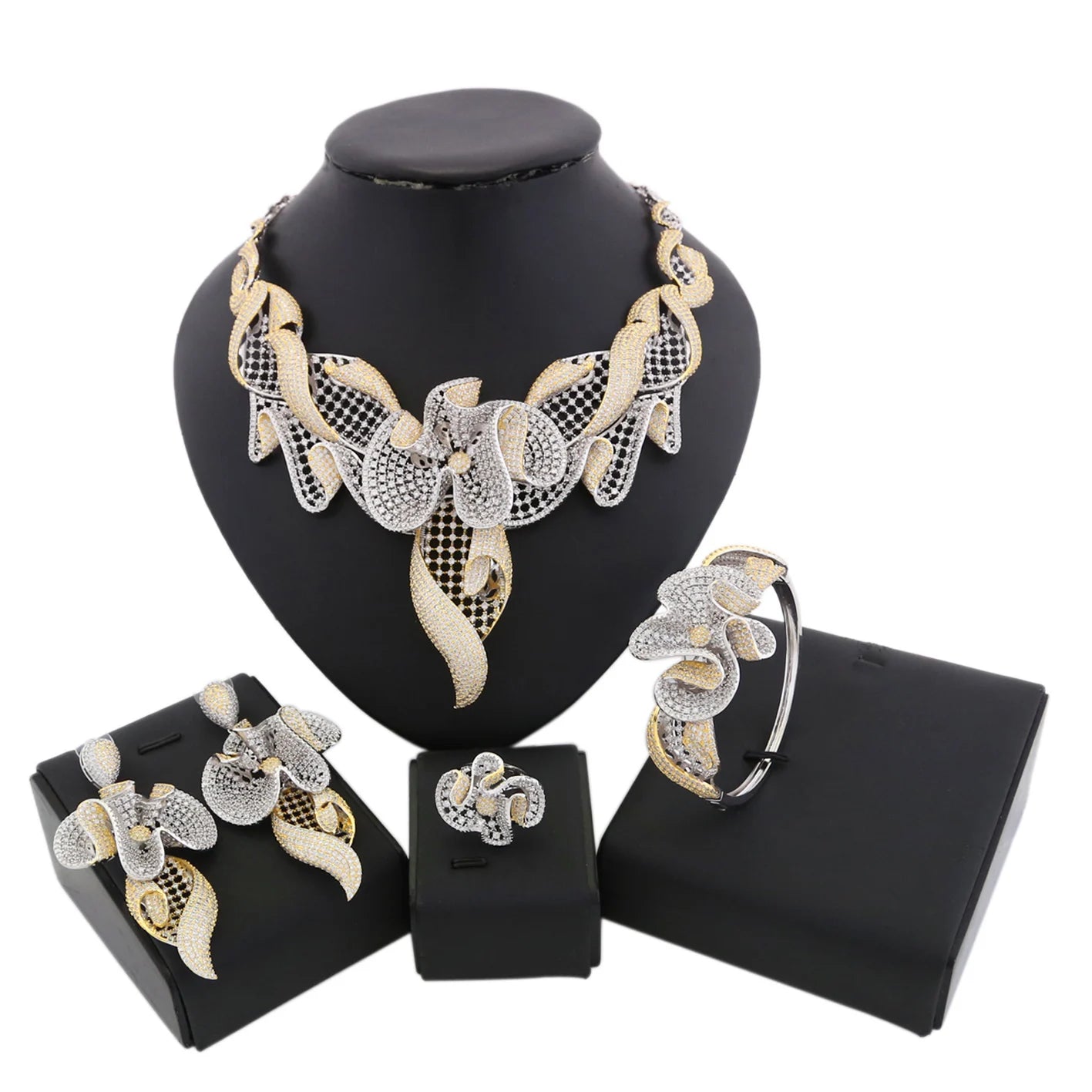 Zhuerrui 18K Gold Plated American Diamond Bridal Jewellery Sets Geometric Flower Statement Necklace Drop Earrings HZ18080401
