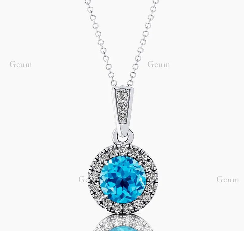 18Kt Solid Gold Cute Rhodium Plated Natural for Blue Topaz Pendant Necklace Real Diamond Women's All Occasion Gift OEM ODM