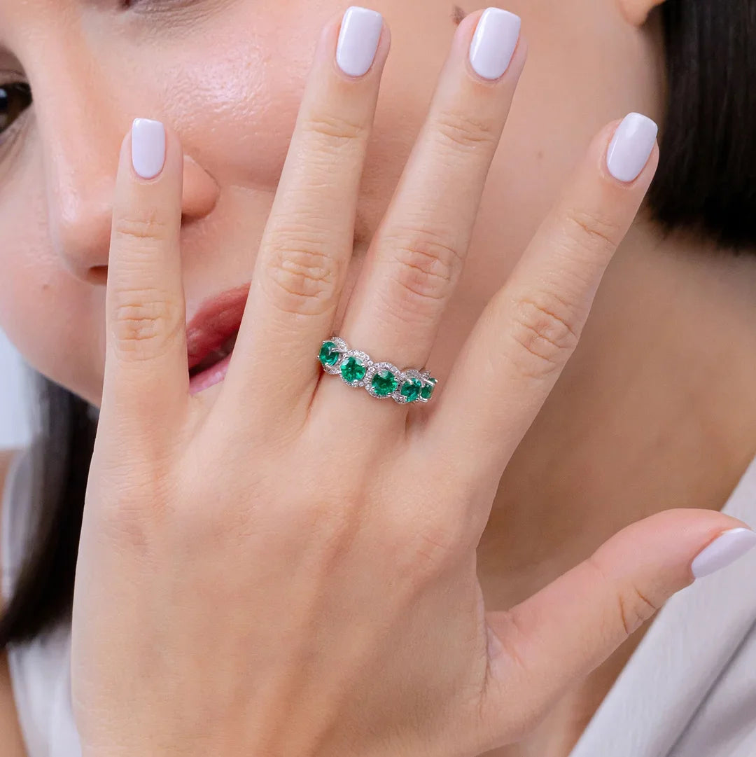 14K Solid Gold Five Natural Green Emerald Gemstone Half Eternity Halo Ring Fine Jewelry Top Selling Wedding Unisex Handmade Ring