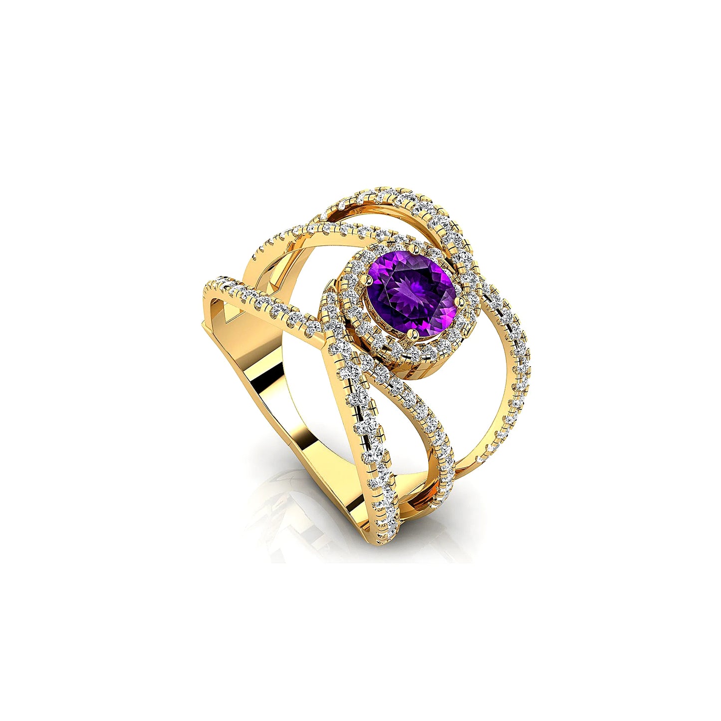 18k Solid Gold VS Wedding Party Statement Cocktail Ring Natural Amethyst Gemstone Real Diamonds Rhodium Plated Prong Setting ODM