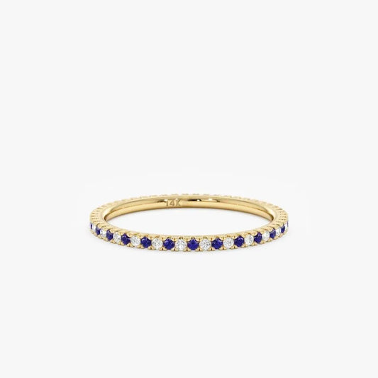 14k Pure Gold Alternating Full Eternity Ring Sapphire Gemstone Women Wedding Engagement Anniversary Party Classic Prong Setting