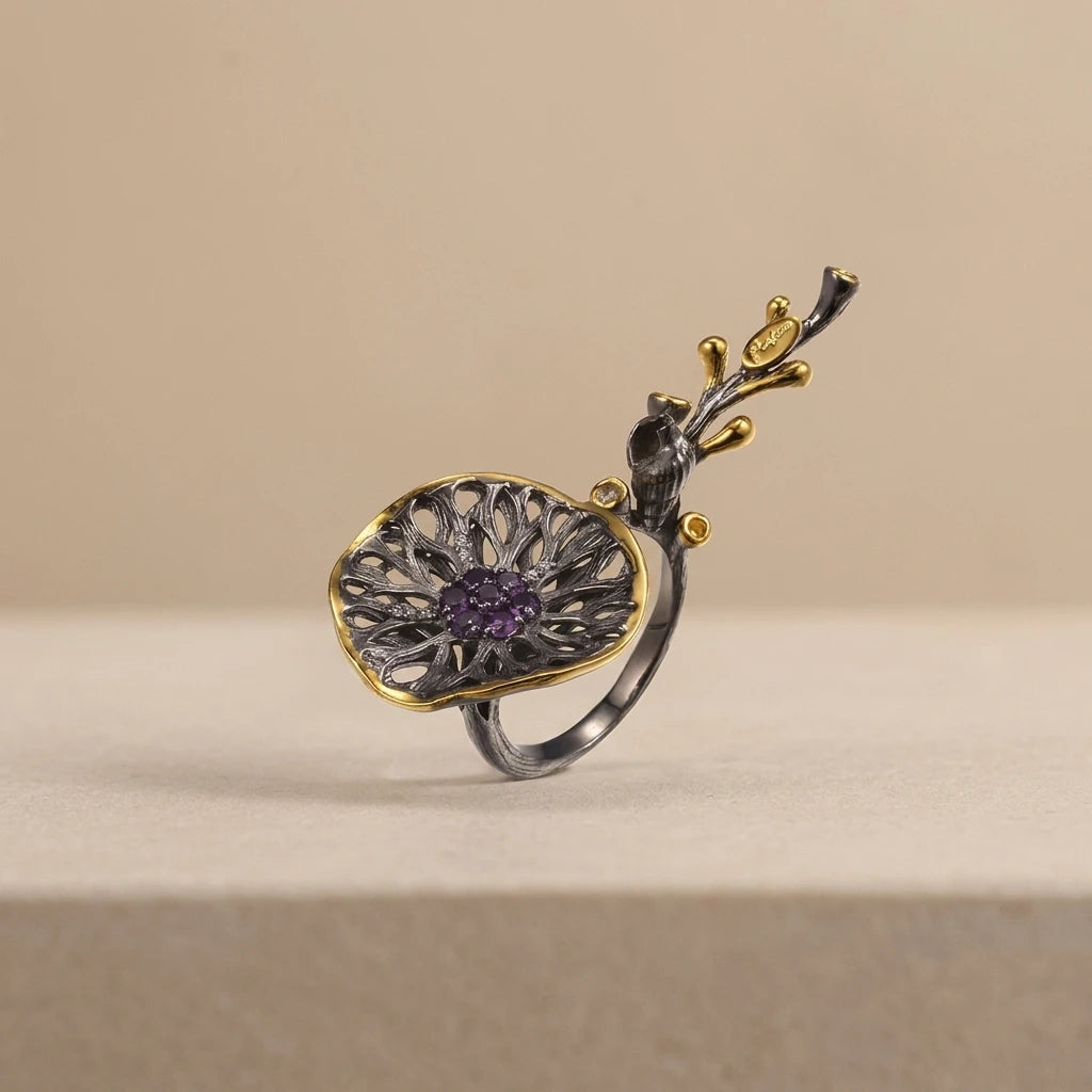 Fashion Handmade Lotus Leaf 925 Sterling Silver Ring With Black Gold Plated
