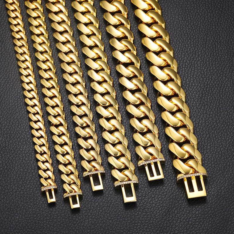 Men's 10mm-22mm Gold Plated Miami Cuban Link Chain Heavy Solid Choker Bracelet Non Tarnish Hip Hop Jewelry for Men