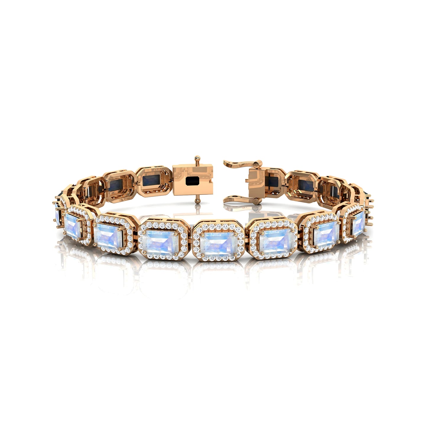Natural Octagon Cut Rainbow Moonstone & Diamond Tennis Bracelet 14k Solid Gold Prong Set Wedding Gift Gemstone Tennis Bracelets