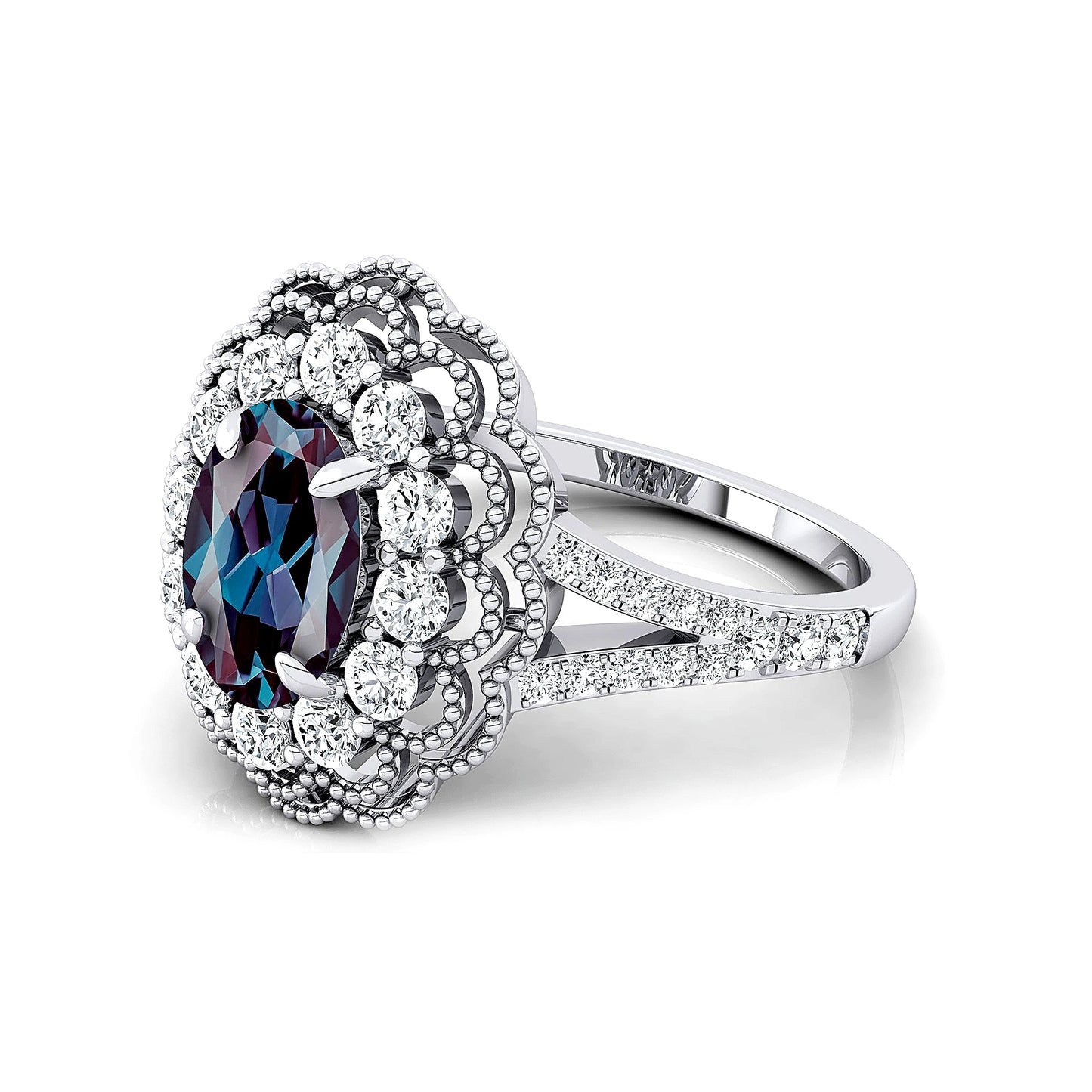 Oval Shape Lab Grown Alexandrite Gemstone Designer Dainty Rings Unisex 18k Solid Gold Studded Natural Diamonds Wedding Classic