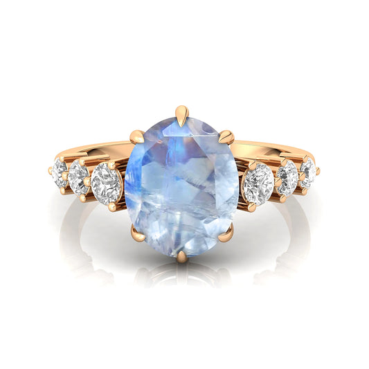Exquisite Oval Cut Natural Rainbow Moonstone Gemstone Bridal Wedding Party Cluster Rings 14k Solid Gold Genuine Diamond Classic