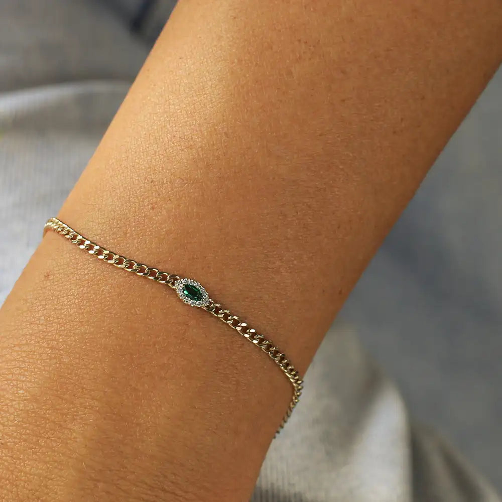 14k Gold Marquise Cut Green Emerald Gemstone With Diamonds Bracelet Luxury Fine Jewelry 2MM Curb Link Chain Emerald Bracelet