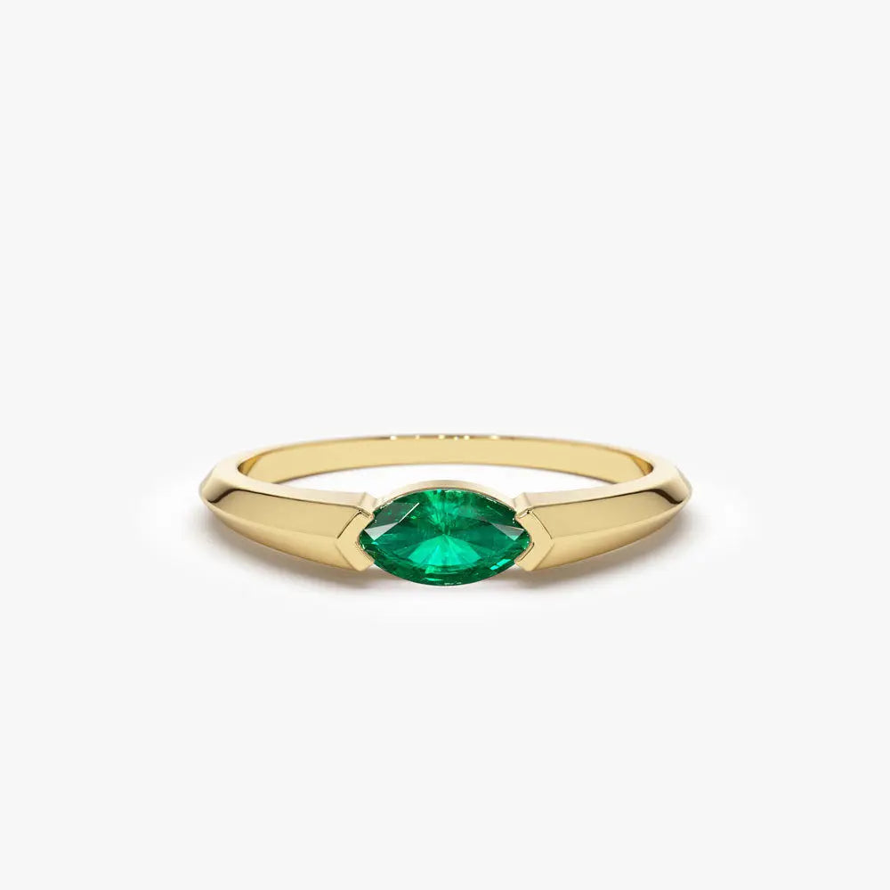 2026 New Collection 14K Solid Gold Bezel Setting Horizontal Marquise Shape 6x3 MM Natural Emerald 0.25 Ctw Eternity Band Fine