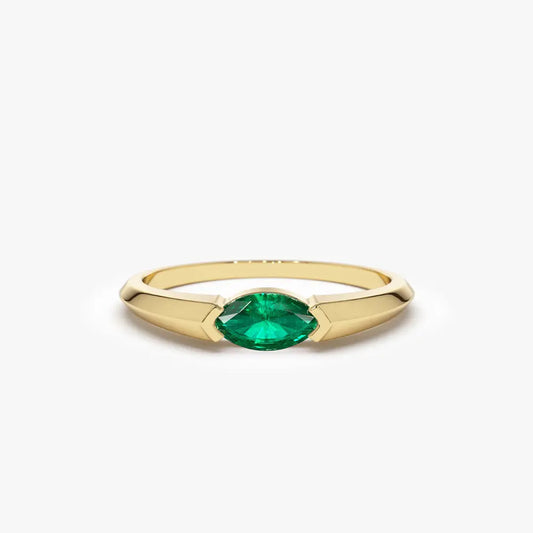 2026 New Collection 14K Solid Gold Bezel Setting Horizontal Marquise Shape 6x3 MM Natural Emerald 0.25 Ctw Eternity Band Fine