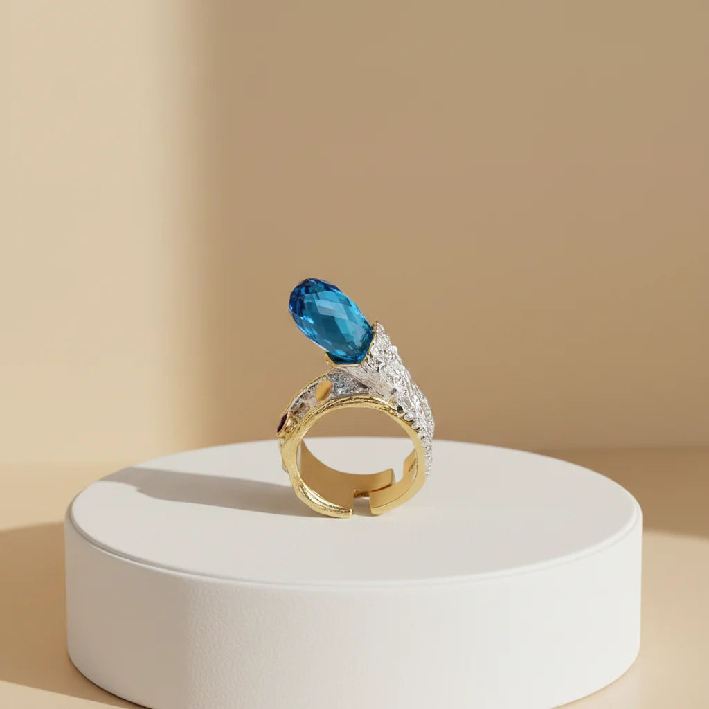 Arabic Blue Glass 18k Gold Plated 925 Sterling Silver Store Ring