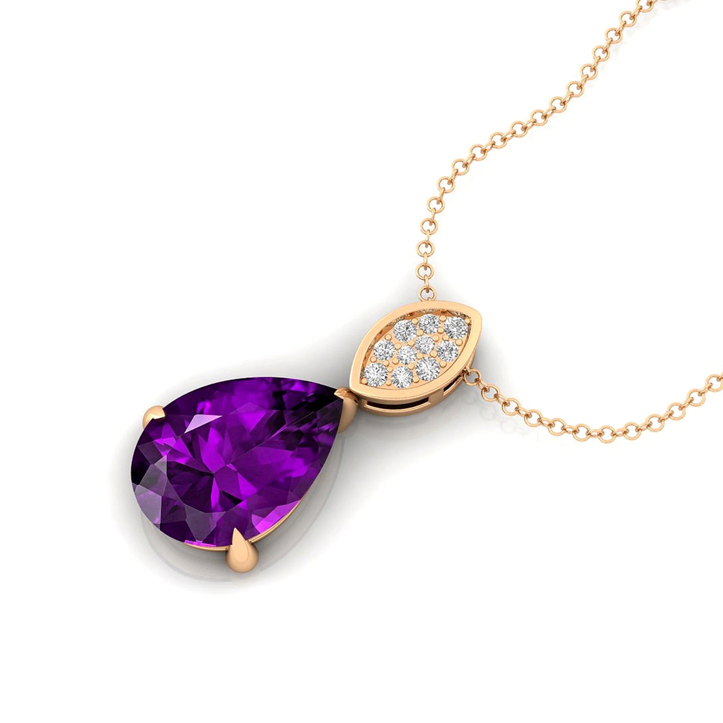 18kt Solid Gold Natural Amethyst Gemstone Real Diamond Teardrop Pendant Necklace Cute Rhodium Plated Luxurious Handmade Jewelry