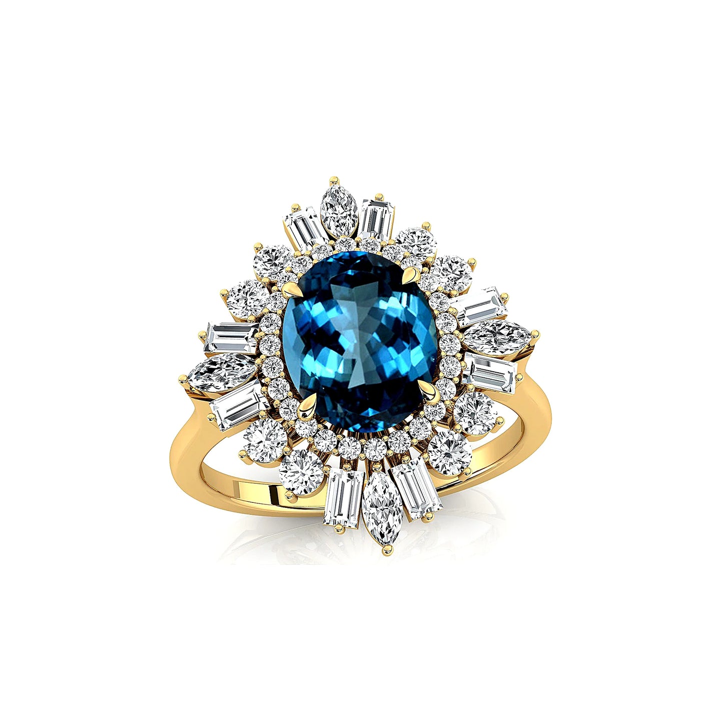 Solid Gold London Blue Topaz Gemstone Real White Diamonds Rhodium Plated Classic Party Gift for Women's Engagement Wedding