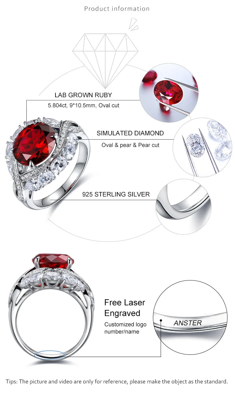 Gemfiori Anster Oval Cut Lab Created Ruby Women Ring Lab Made Diamonds and Ring S925 Sterling Silver