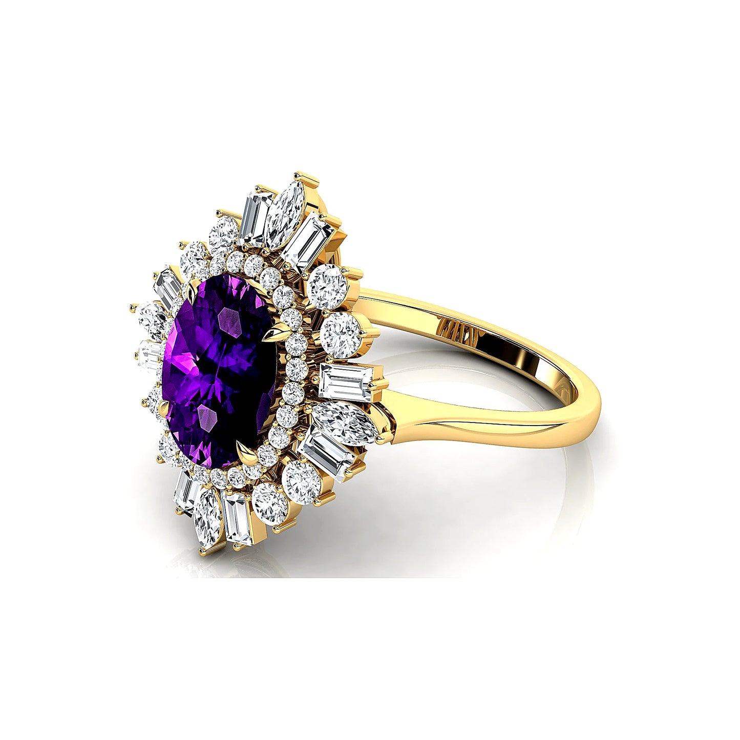 14k Solid Gold Ring Natural Amethyst Gemstone and Real White Diamonds Rhodium Plated Engagement Halo Ring OEM Wholesale Jewelry