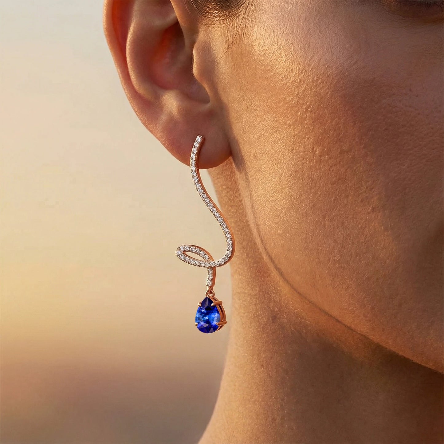 18k Solid Gold Dangling Drop Earrings Pear Cut Lab Grown Blue Sapphire & Real Diamonds Earrings For Wedding and Anniversary ODM