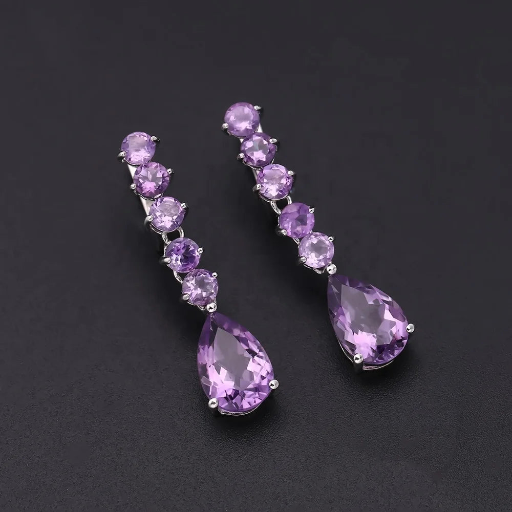 ArtistA Abiding Vintage Pear Cut Natural Amethyst Gemstone 925 Silver Long Dangle Drop Earrings Pendant Jewelry Set for Women