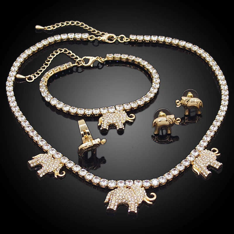 Zhuerrui Crystal Elephant I Love You Hug and Kiss Jewelry Set 14k Gold Plating Wedding Party Jewelry Set for Woman Gift X0067