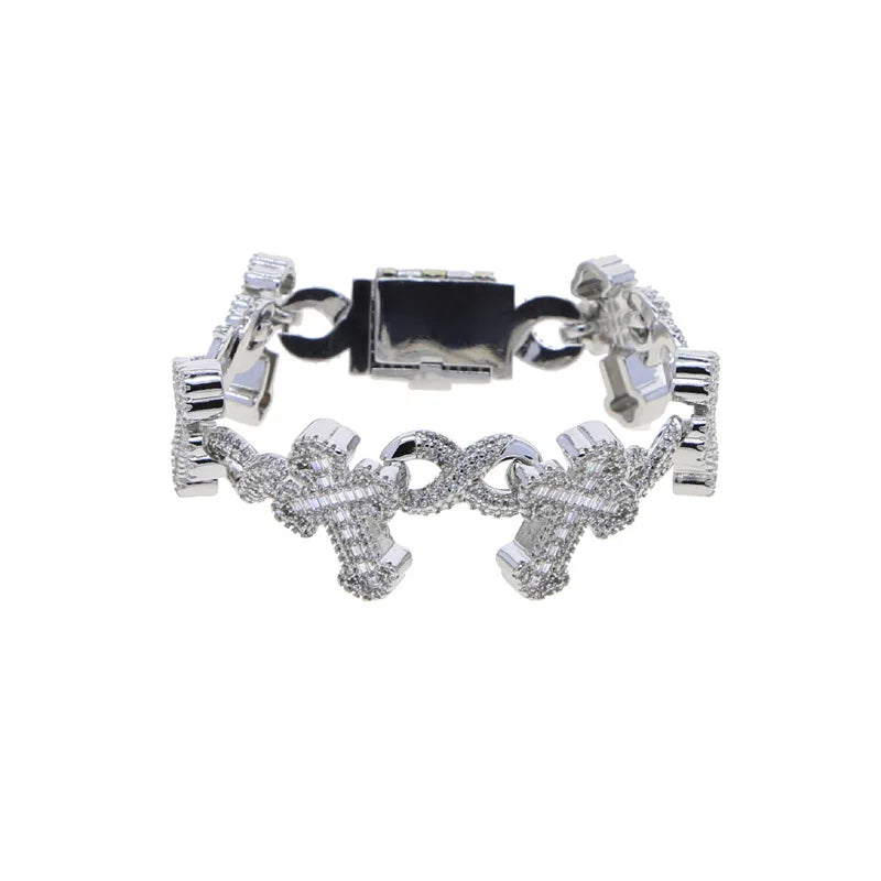 S&S Custom 3 Tone Silver Plated Hip Hop Jewelry Iced Out Bling 5A CZ Multi Cross Infinity Link X Shape Cuban Chain Bracelet for Men