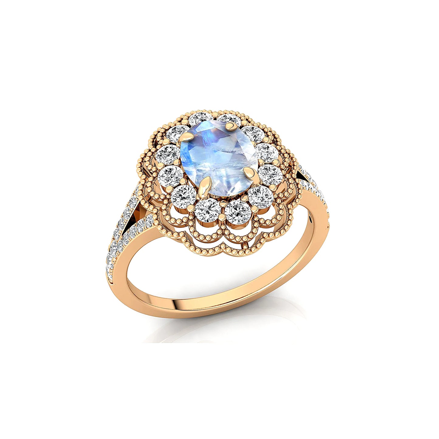 18kt Solid Gold Rhodium Plated Prong Set Certified Fine Jewelry Rings Natural Rainbow Moonstone Real Diamond Luxurious OEM Rings