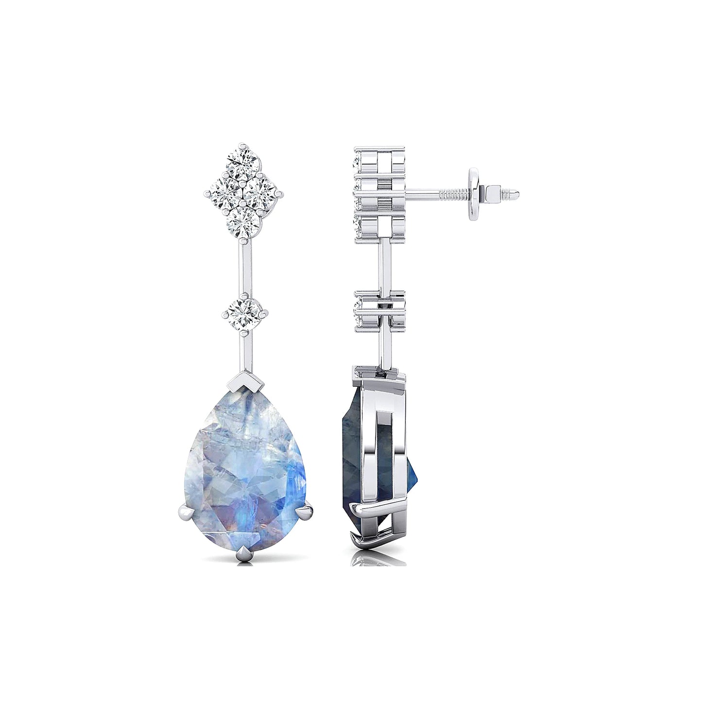 High Quality Natural Rainbow Moonstone Gemstone Real Diamonds Stud Earrings 18k Solid Gold Rhodium Plated Cute Fine Birthstone