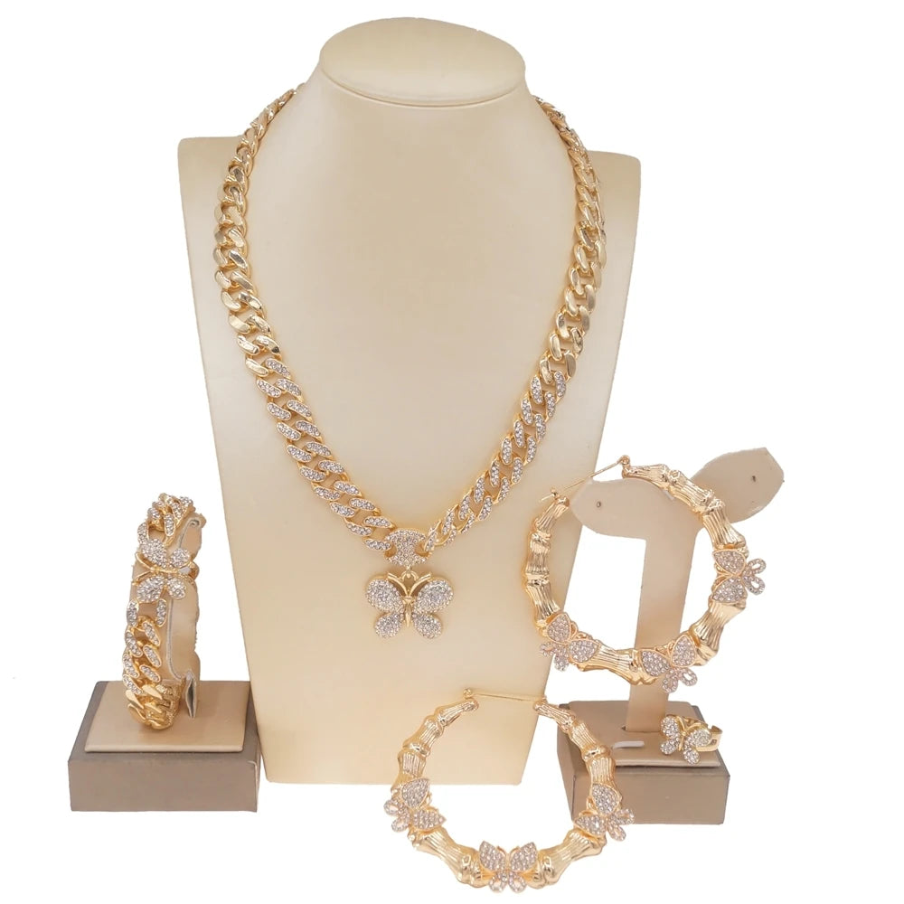 Zhuerrui Butterfly Women's Cuban Chain Bridal Jewelry Sets Famous Brands Hip Hop Style 18 Carat Gold Bridal XO Jewelry Set Z0029