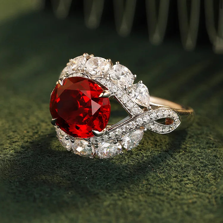 Gemfiori Anster Oval Cut Lab Created Ruby Women Ring Lab Made Diamonds and Ring S925 Sterling Silver