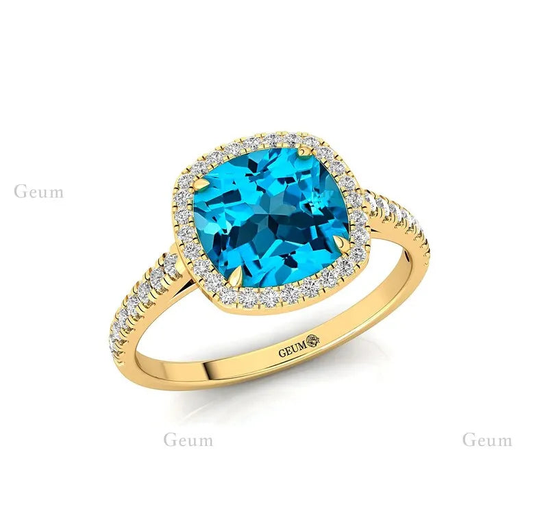 Personalized Classic 14k Solid Gold Halo Wedding Engagement Ring with for Swiss Blue Topaz & Natural Diamond Gift Her Bulk OEM