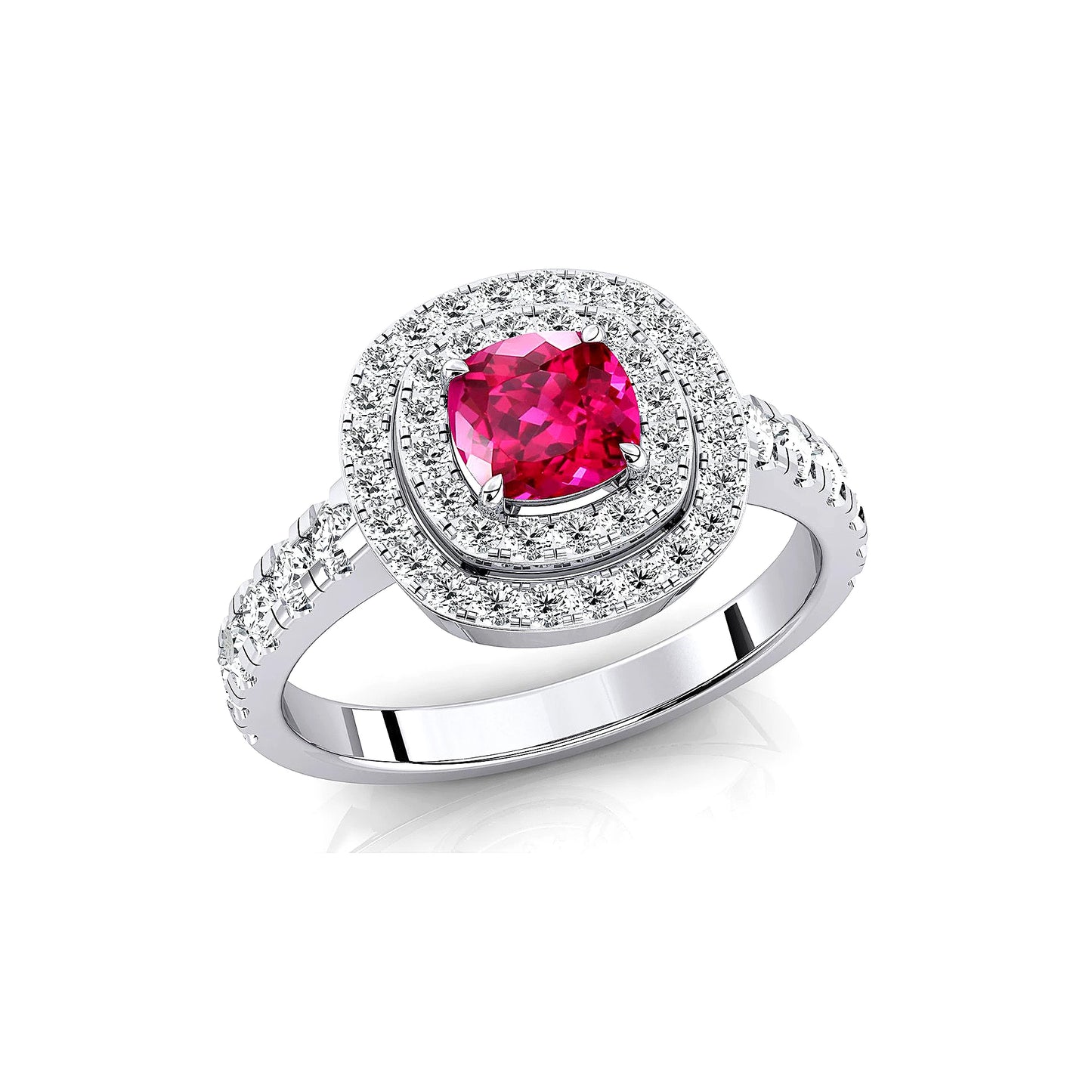 18k Solid Gold Lab Grown Pink Sapphire Gemstone and Real Diamonds Cushion Cut Rhodium Plated Double Halo Solitaire Ring For Gift