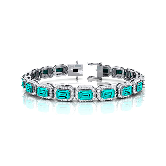 14k Solid Gold Lab Grown Paraiba Tourmaline Gemstone Diamond Tennis Bracelet Classic Handmade Unisex Natural Diamond Party Gift