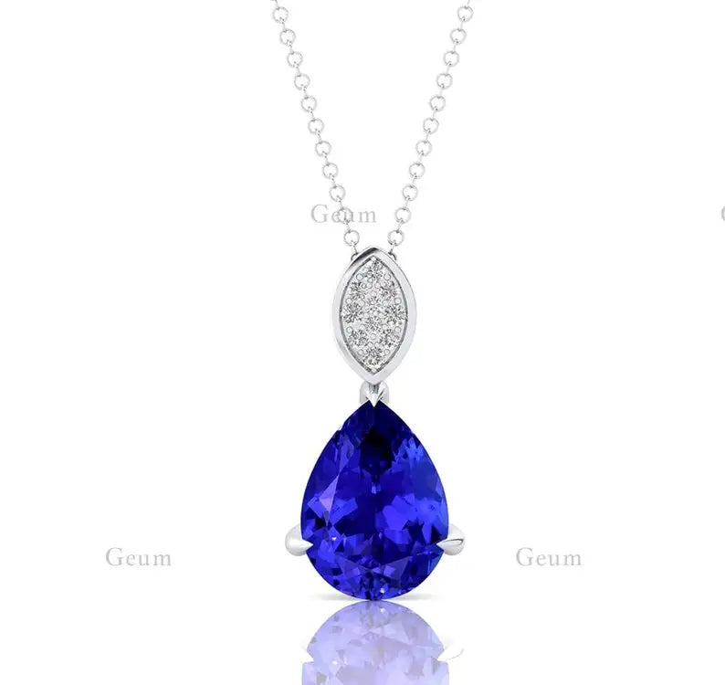 Luxurious Solid 14K Rose/Yellow/White Gold Cute Teardrop Charms Pendant Necklace Natural Tanzanite Stone Real Diamonds Pendant