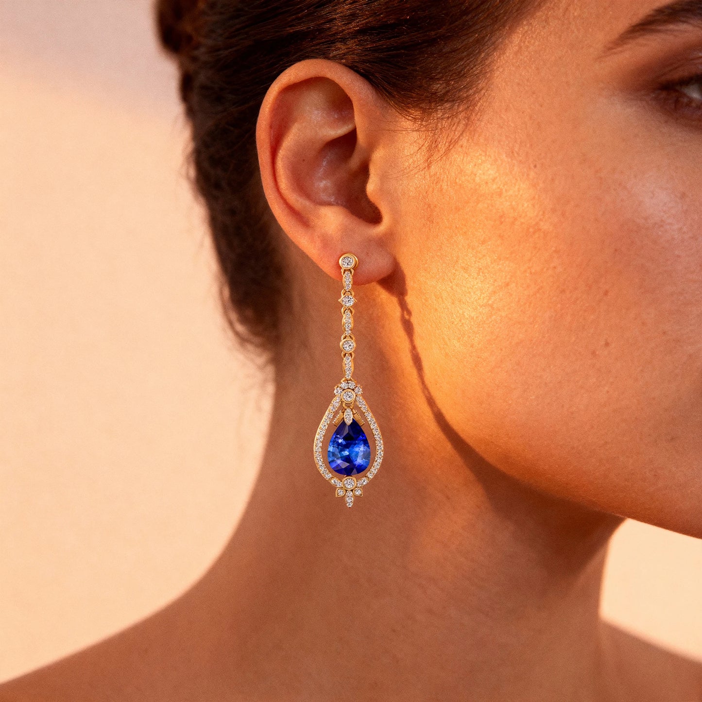 100% Lab Grown Blue Sapphire Luxury Handmade Solid Gold Drop Earrings with Real Diamonds Cute Style Party Gift Jewelry