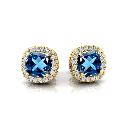 Classic 18k Solid Gold Cute Fashionable Earring Studs Natural London Blue Topaz With Real Diamonds Earrings For Wedding Gift