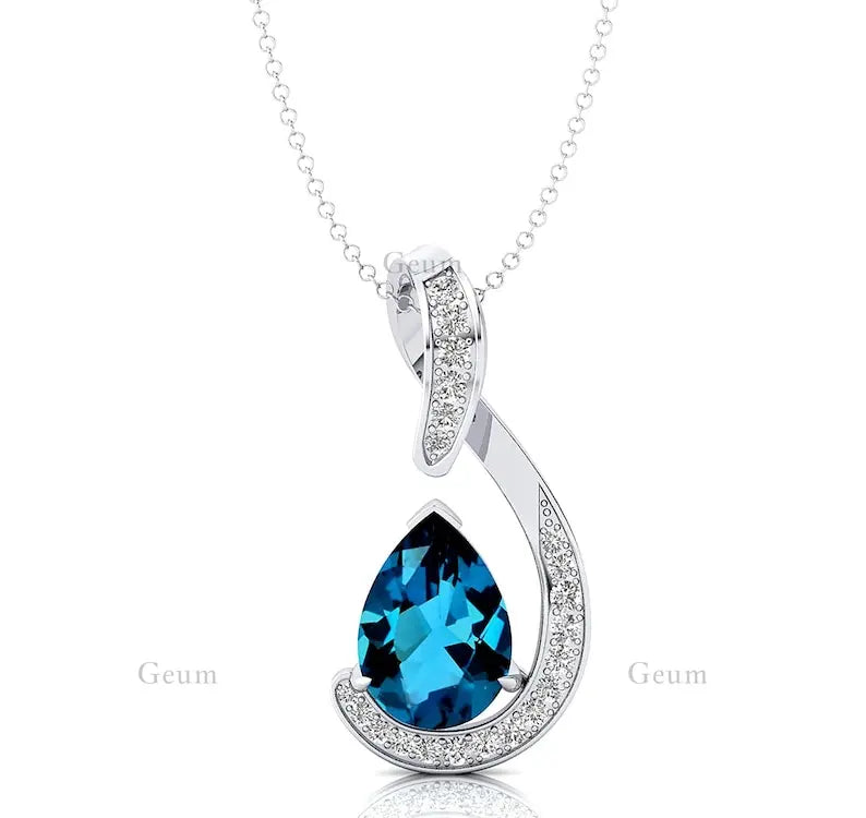 Natural London Blue Topaz Gemstone 18Kt Yellow Gold Charm's Pendant Necklace Real Diamonds Cute Rhodium Plated Fine Jewelry