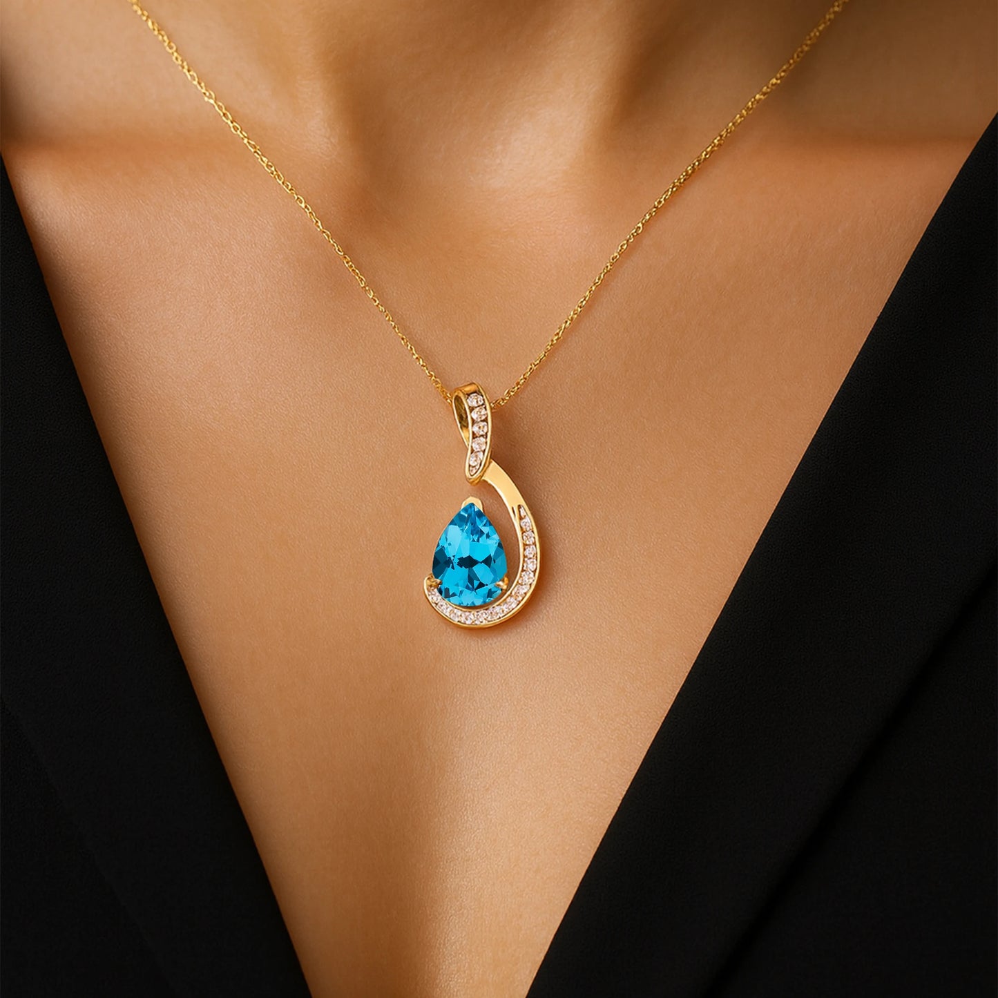 14k Solid Gold Pendant Natural Swiss Blue Topaz Stone & Diamonds Pendant Necklace For Women Wedding Pendant Gift For Wife