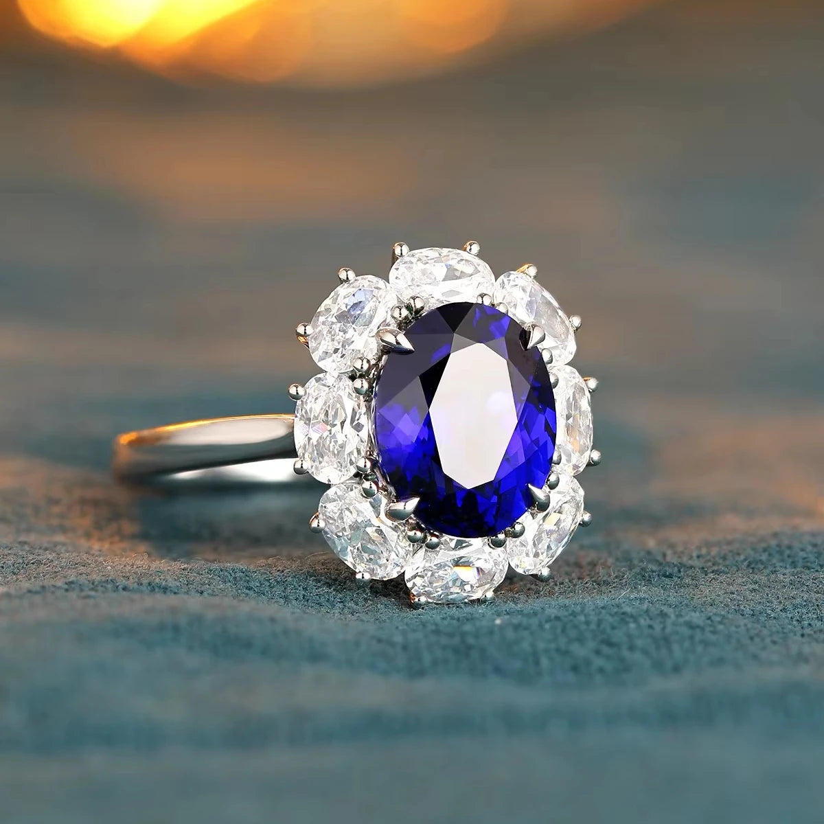Gemfiori Anster Lab Made Diamonds and Ring S925 Sterling Silver Oval Cut Lab Created Blue Sapphire Women Ring