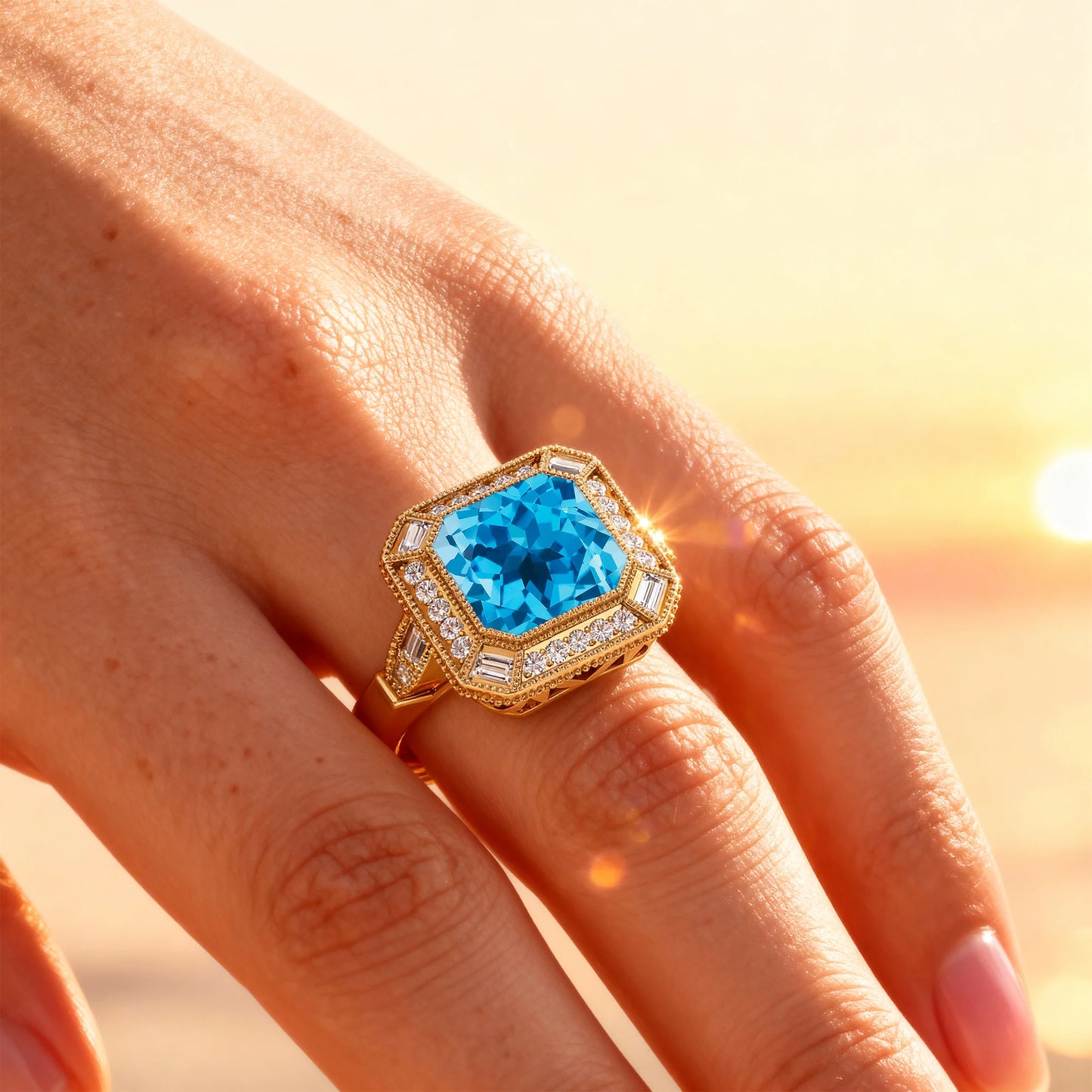 18k Solid Gold Rings Swiss Blue Topaz Gemstone Fine Real White Diamonds Baguette Cut Rhodium Plated Jewelry Weddings Ring Gift