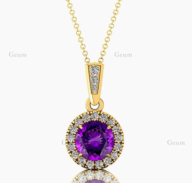 Natural Amethyst Gemstone Cute Minimalist Halo Solitaire Pendant 14K Solid Gold Rhodium Plated Diamond Gift