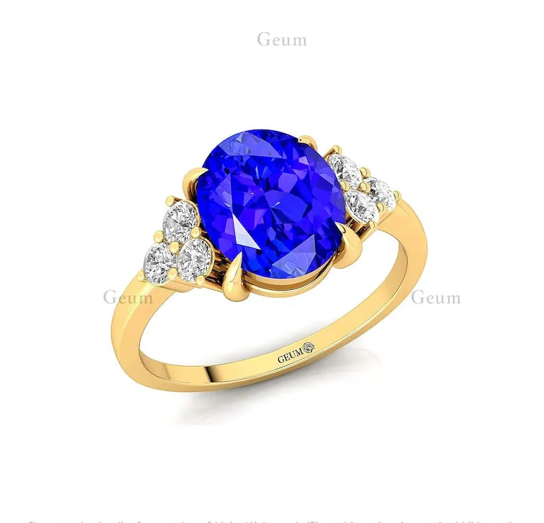 New Arrival Classic Minimalist Oval Shaped Natural Tanzanite Gemstone Real Diamond Halo Solitaire Wedding Rings 14k Solid Gold