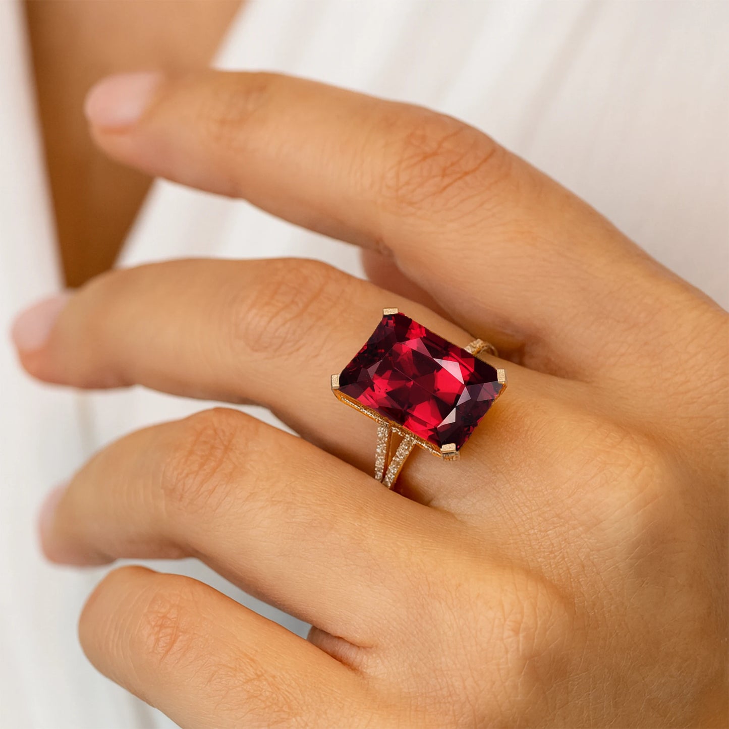 Natural Garnet Gemstone Emerald Cut Birthstone Solid Gold Wedding Ring IGI Certified Genuine Diamonds Rhodium Plated Luxury